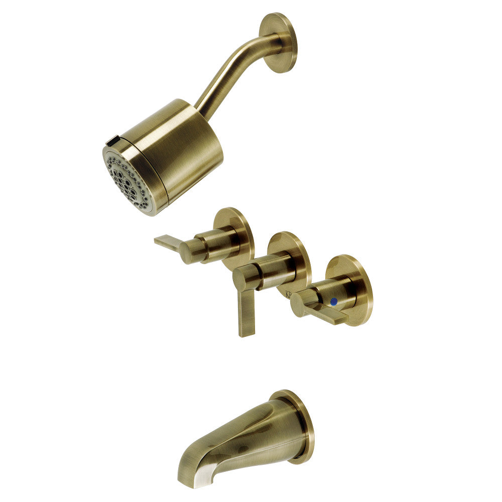 Kingston Brass KBX8133NDL NuvoFusion Triple-Handle Tub and Shower Faucet, Antique Brass