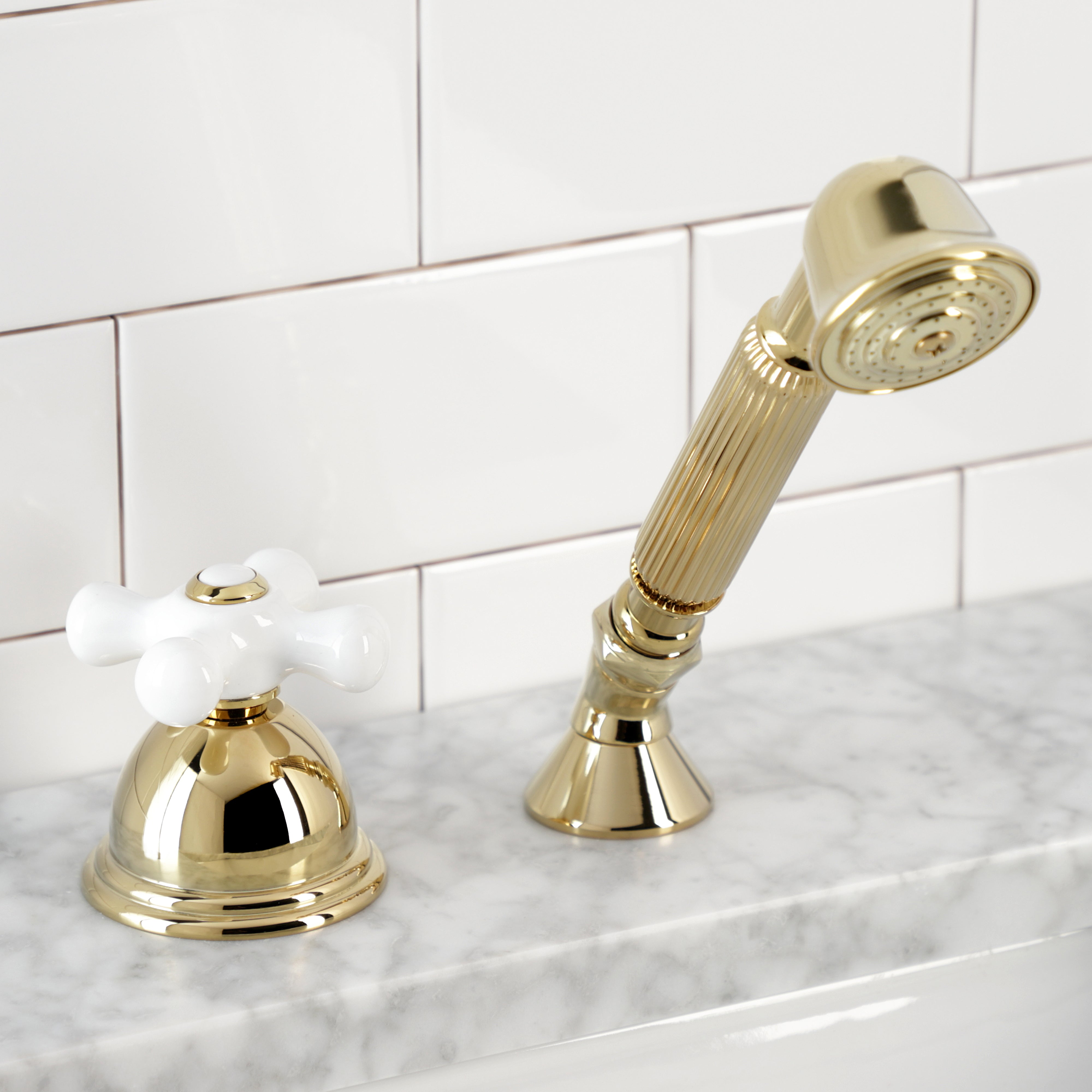 Kingston Brass KSK3352PXTR Deck Mount Hand Shower with Diverter for Roman Tub Faucet, Polished Brass