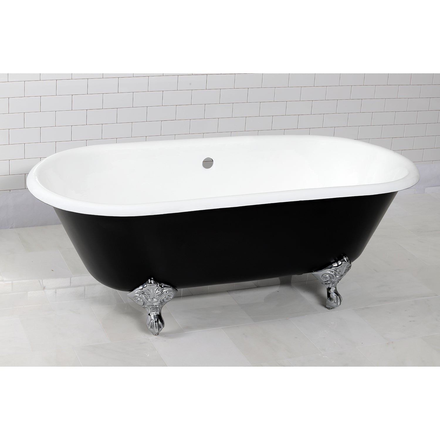 Aqua Eden VBTND663013NB1 66" Cast Iron Oval Double Ended Clawfoot Tub (No Faucet Drillings), Black/White/Polished Chrome