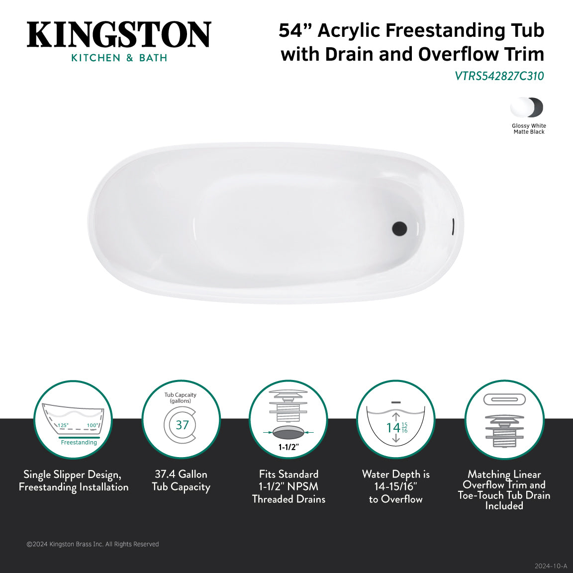 Kingston Brass VTRS542827C310 54" Acrylic Oval Single Slipper Freestanding Tub with Drain, Glossy White/Matte Black