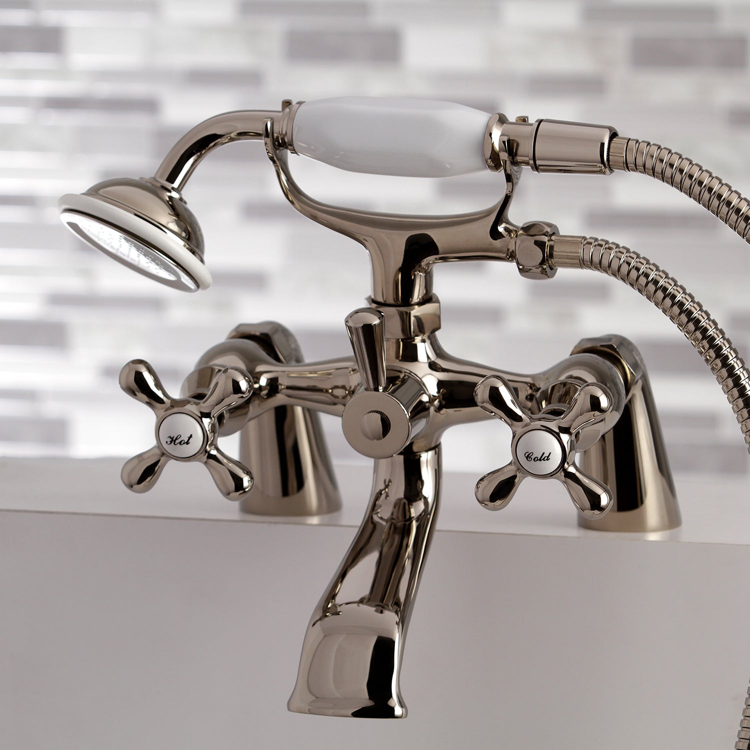 Kingston Brass KS267PN Kingston 6" Center Deck-Mount Clawfoot Tub Faucet with Hand Shower, Polished Nickel
