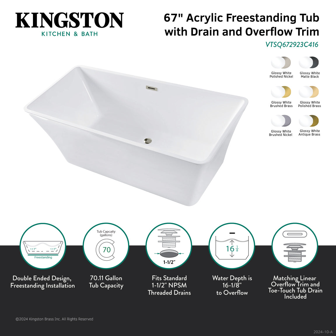 Kingston Brass VTSQ672923C413 67" Acrylic Rectangular Double Ended Freestanding Tub with Drain, Glossy White/Antique Brass