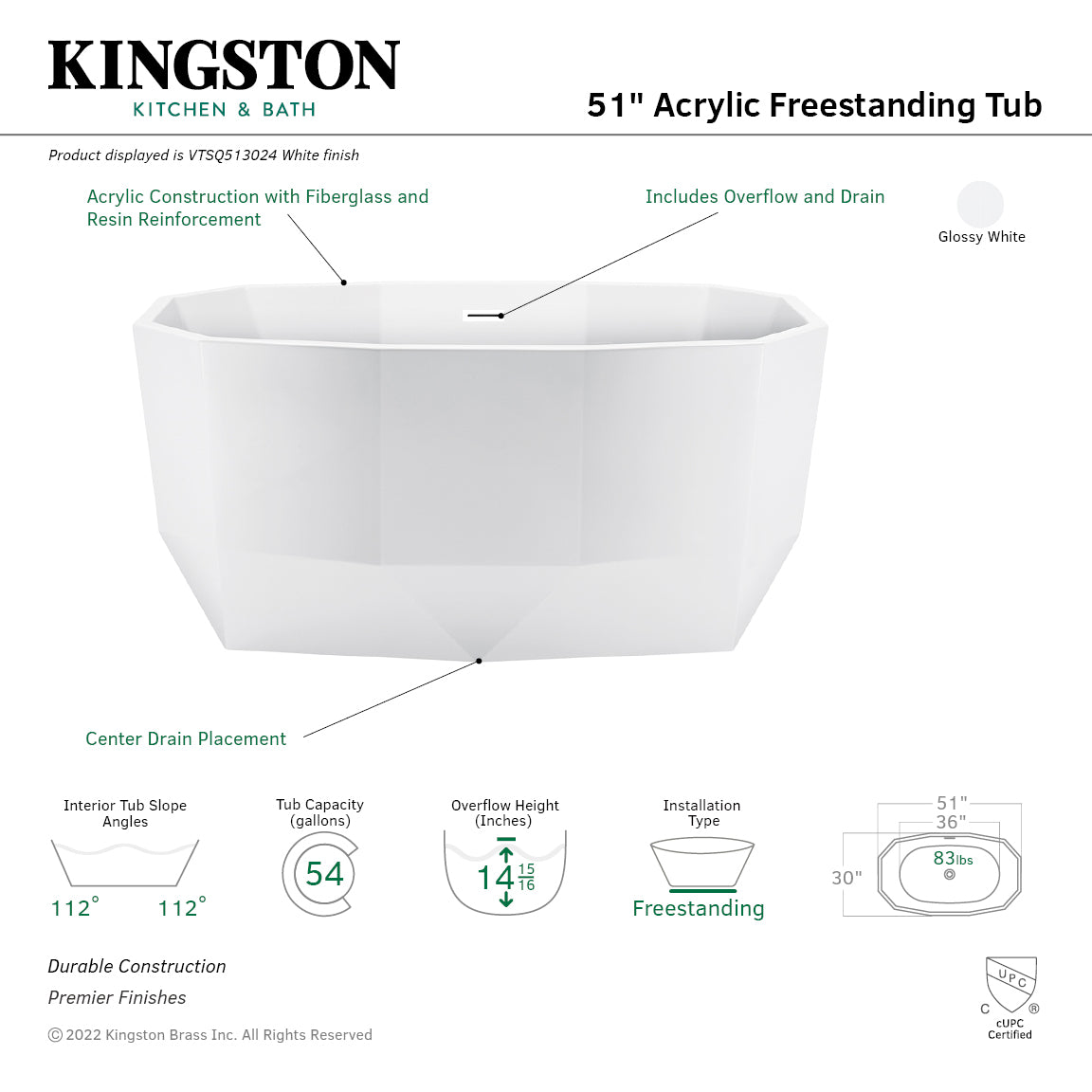 Kingston Brass VTSQ513024 51" Acrylic Oval Double Ended Freestanding Tub with Drain, Glossy White