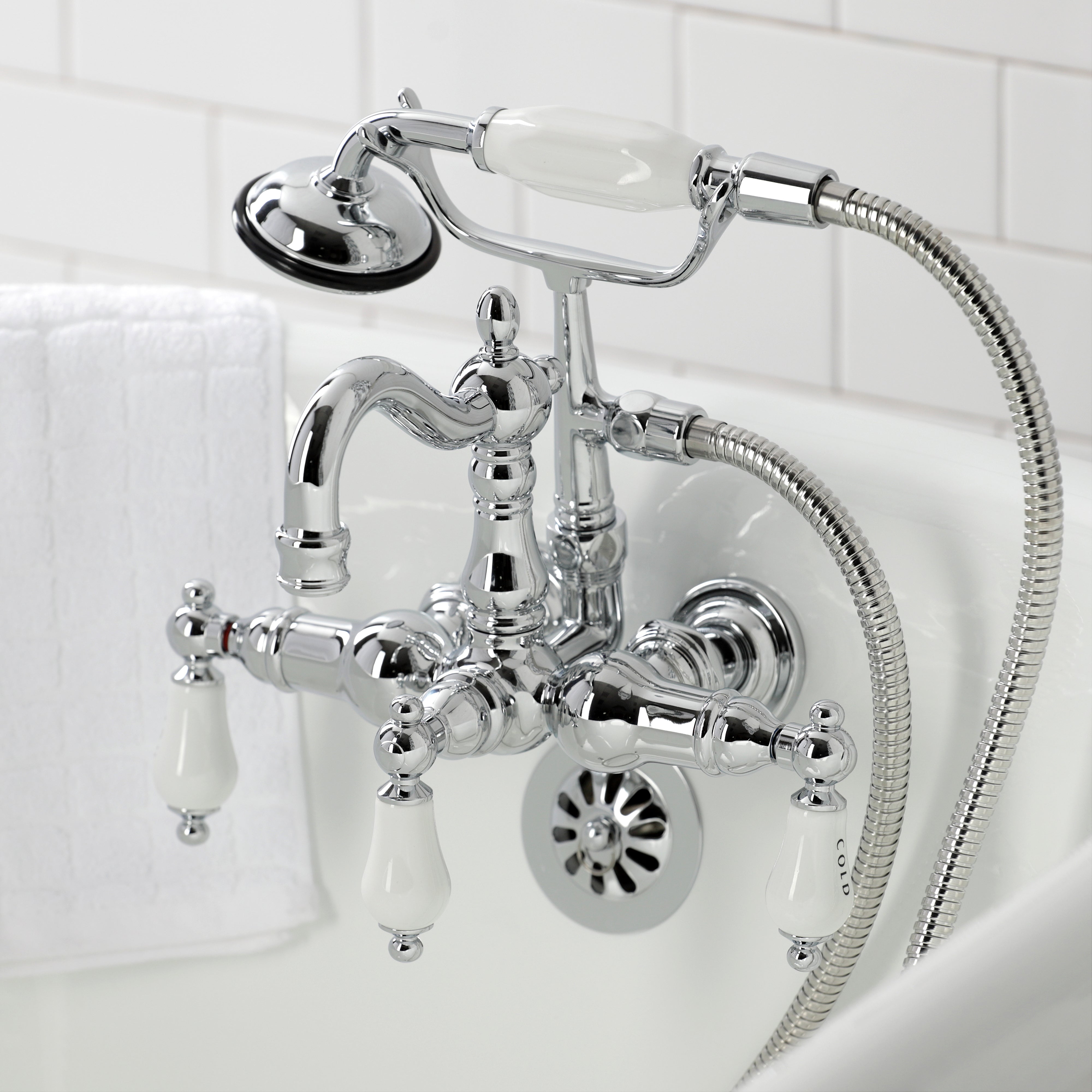 Kingston Brass CA1010T1 Heritage 3-3/8" Tub Wall Mount Clawfoot Tub Faucet with Hand Shower, Polished Chrome