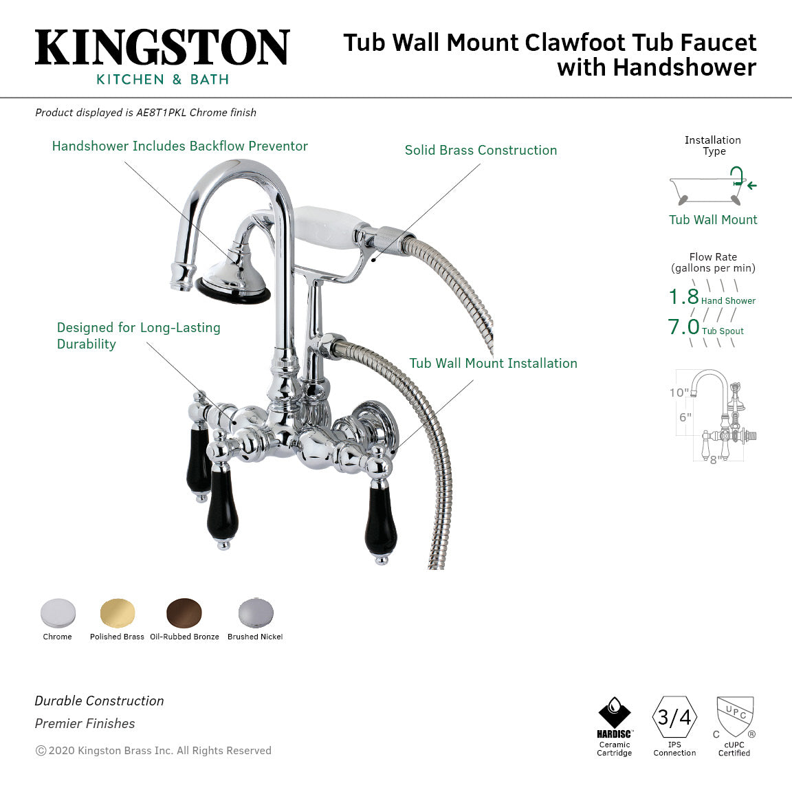 Aqua Vintage AE8T1PKL Duchess Wall Mount Clawfoot Tub Faucet, Polished Chrome