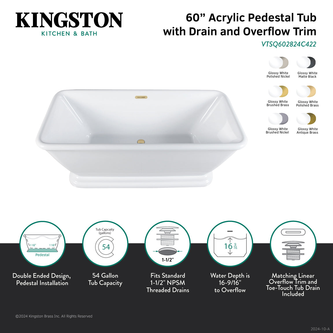 Kingston Brass VTSQ602824C423 60" Acrylic Oval Rectangular Double Ended Pedestal Tub with Drain (No Faucet Drillings), Glossy White/Antique Brass