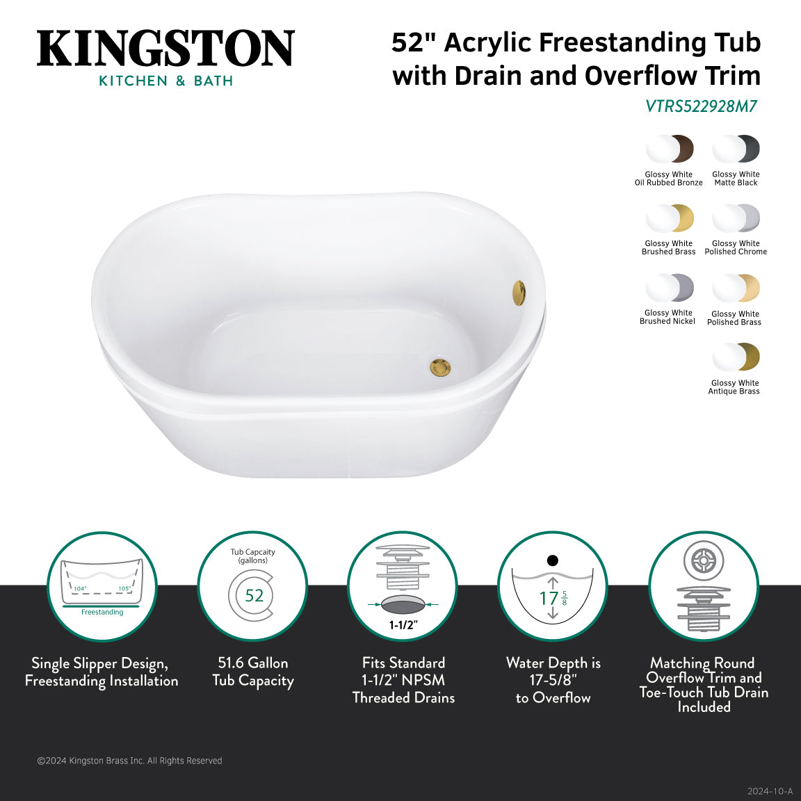 Kingston Brass VTRS522928M7 52" Acrylic Oval Double Slipper Freestanding Tub with Overflow/Drain Assembly, Glossy White/Brushed Brass