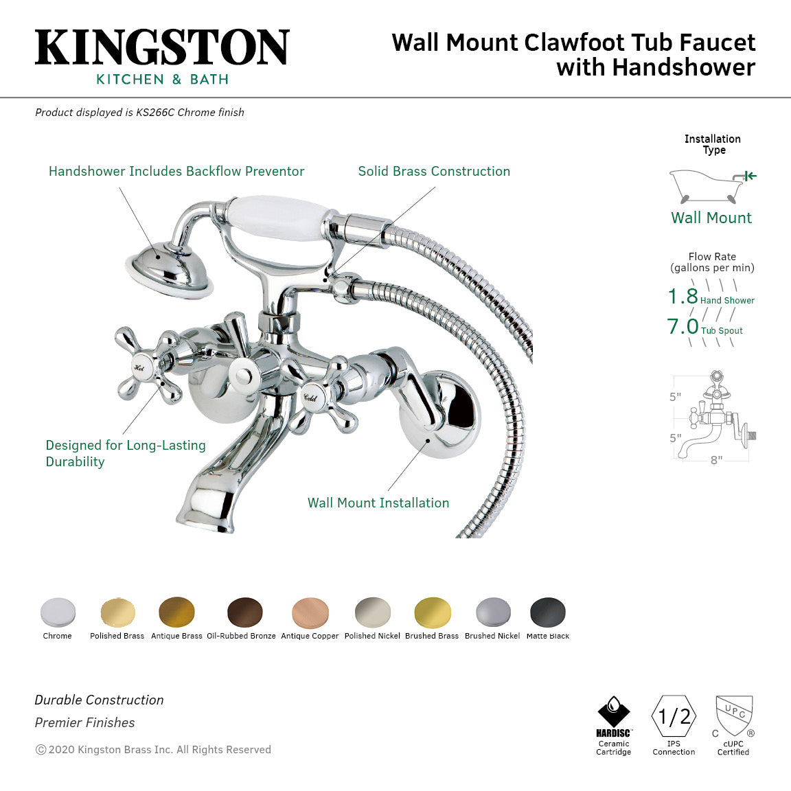 Kingston Brass KS266MB Kingston Wall Mount Clawfoot Tub Faucet with Hand Shower, Matte Black