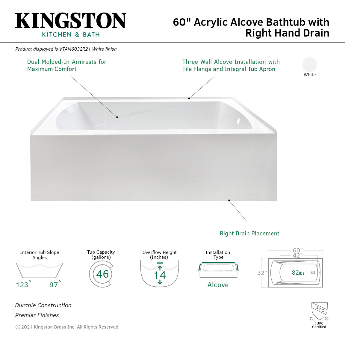 Aqua Eden VTAM6032R21 60" Acrylic Rectangular 3-Wall Alcove Tub with Armrests, Right Hand Drain, Glossy White