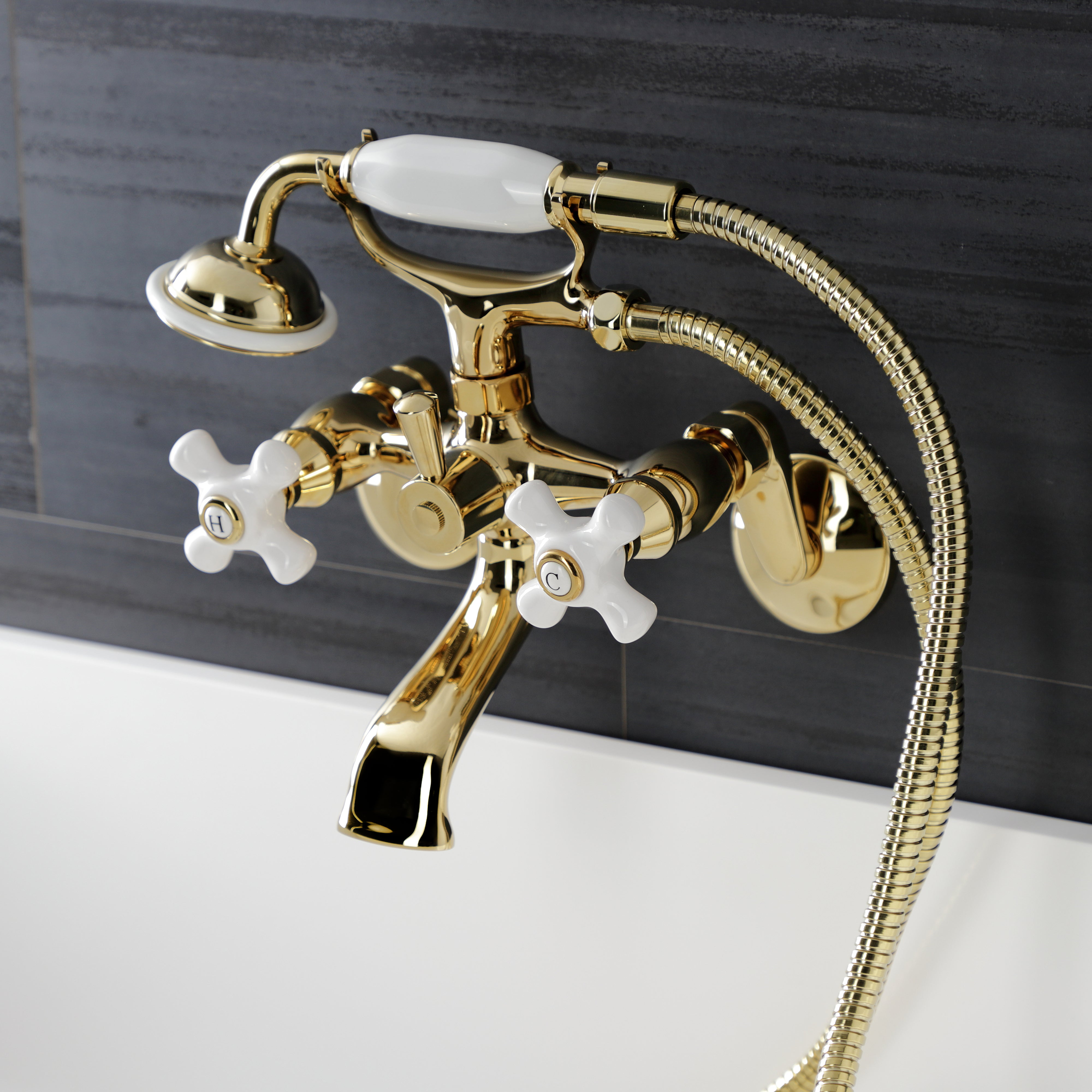 Kingston Brass KS226PXPB Kingston Wall Mount Clawfoot Tub Faucet with Hand Shower, Polished Brass