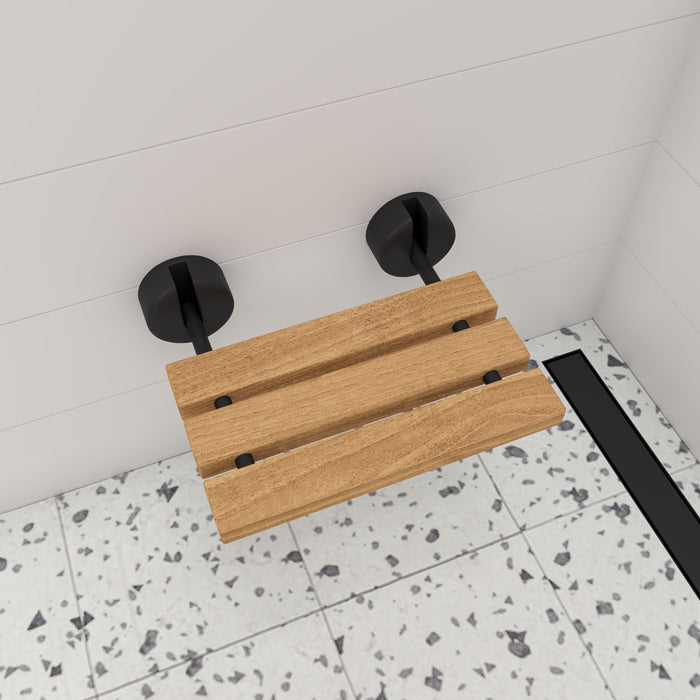 ALFI ABS16R-BM Black Matte 16" Wide Foldable Teak Shower Seat with Round Hardware