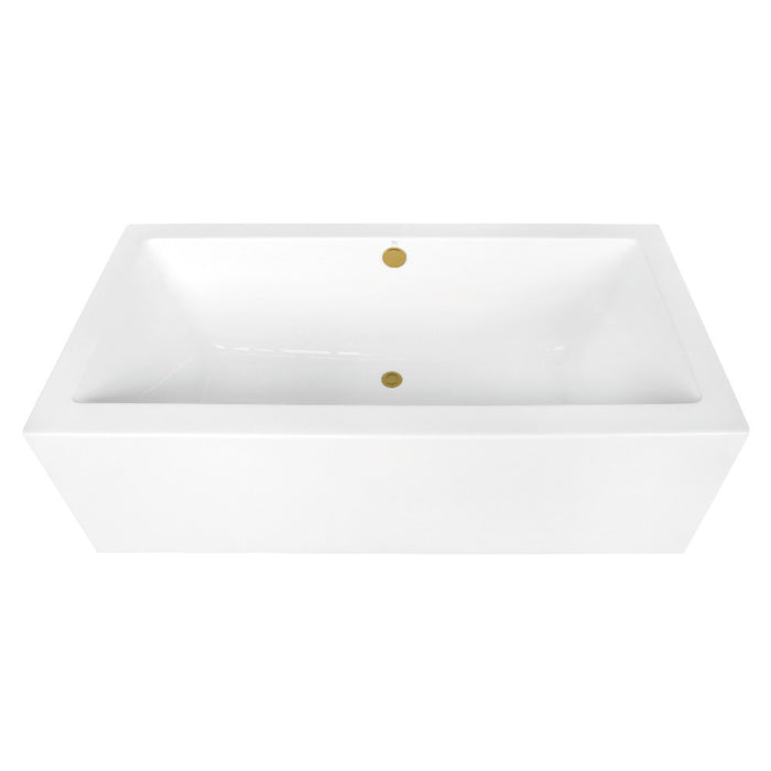 Kingston Brass VTDE673321M7 67" Acrylic Rectangular Double Ended Freestanding Tub with Overflow/Drain Assembly, Glossy White/Brushed Brass
