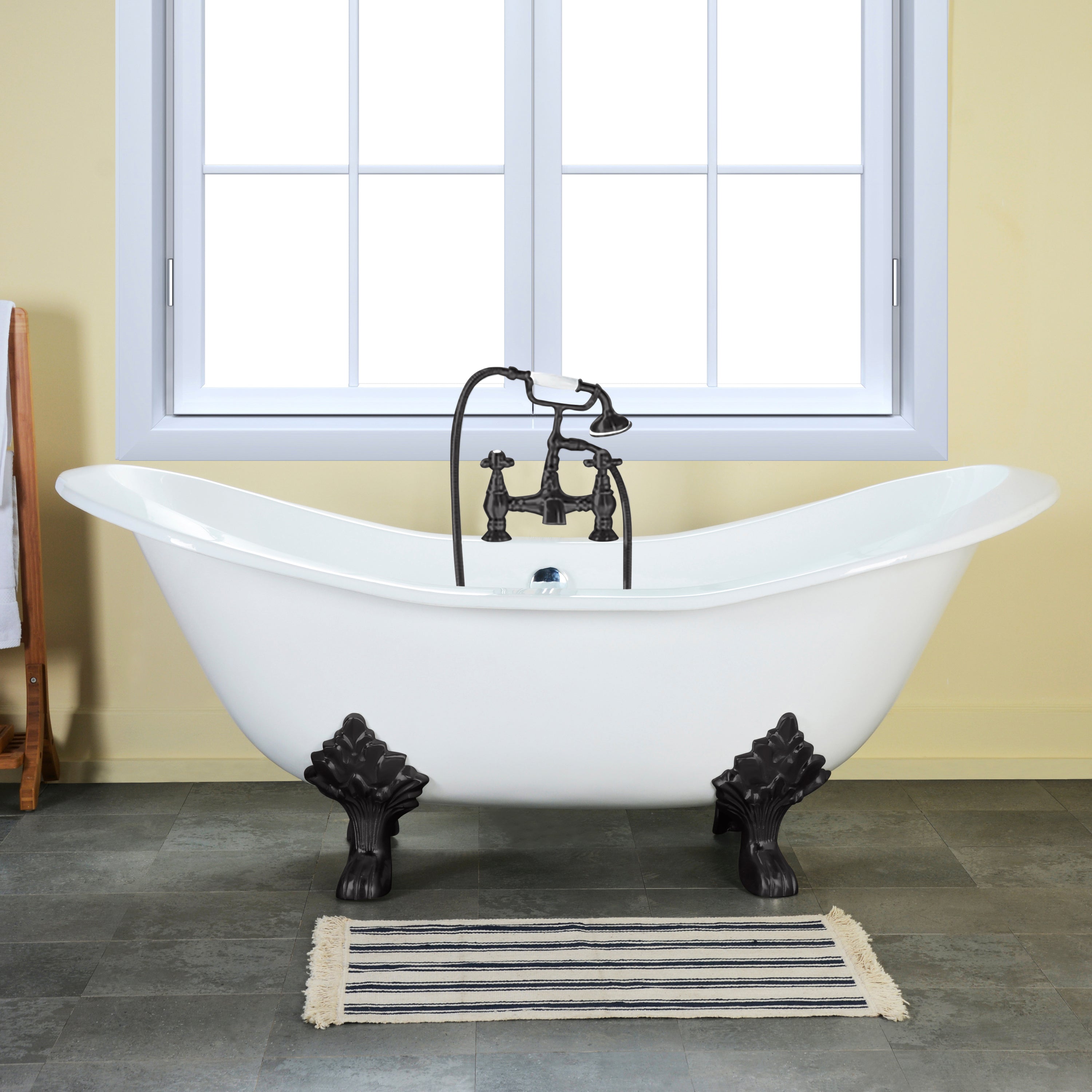 Aqua Eden VCT7DS6130NC0 61" Cast Iron Oval Double Slipper Clawfoot Tub (7" Faucet Drillings), White/Matte Black