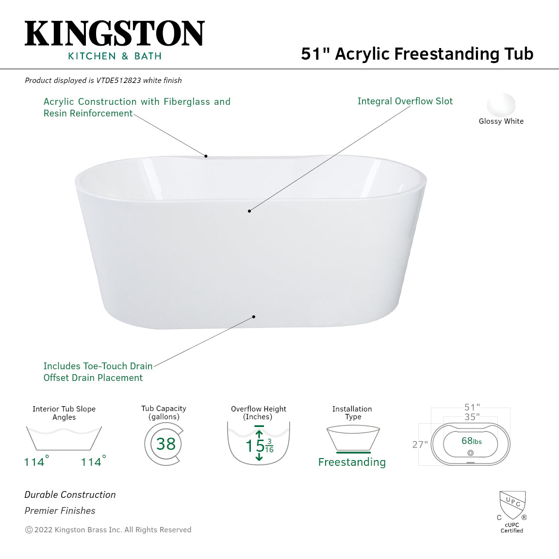 Kingston Brass VTDE512823 51" Acrylic Oval Double Ended Freestanding Tub with Drain, Glossy White