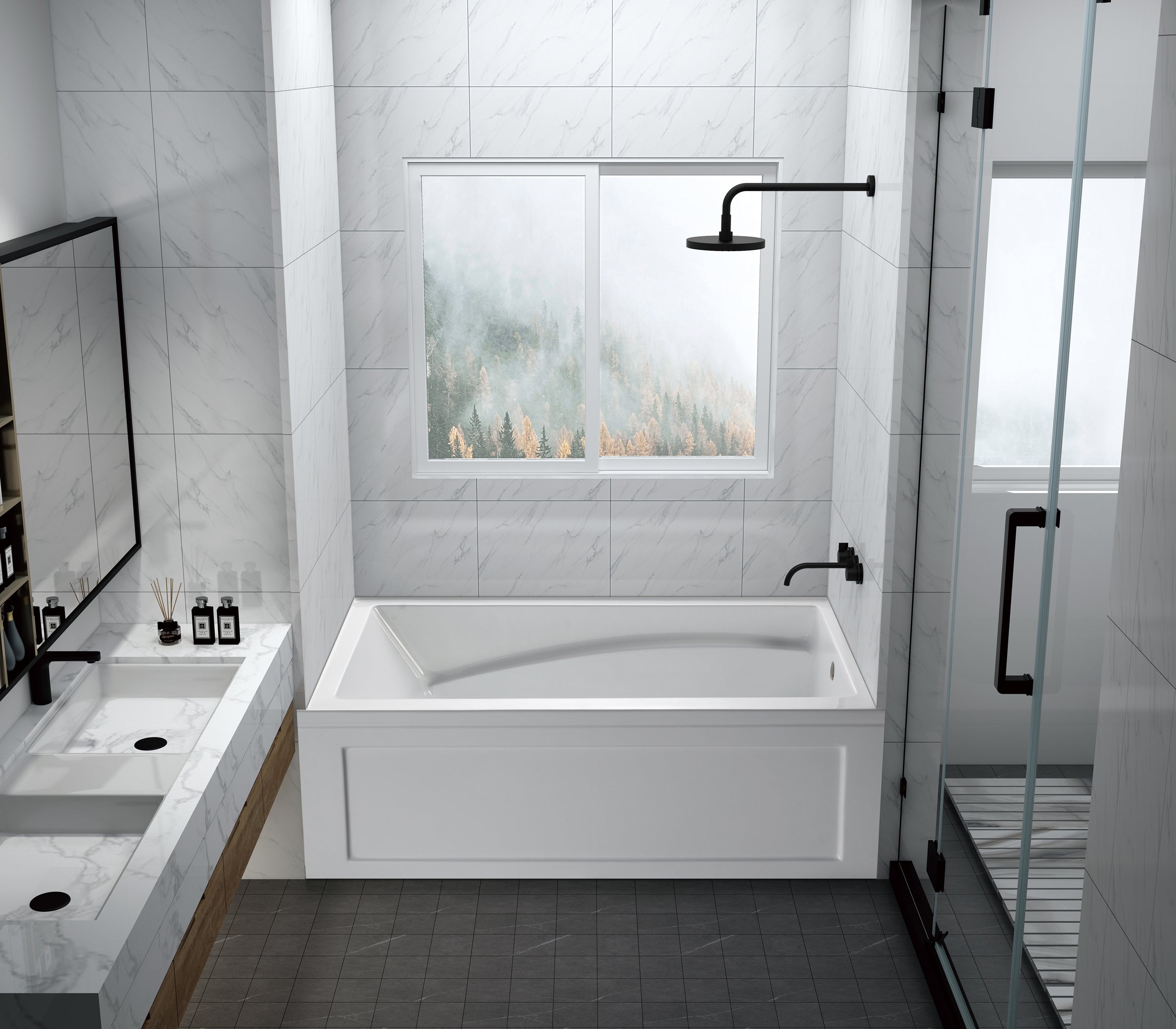 Aqua Eden VTAM6032R22B 60" Acrylic Rectangular 3-Wall Alcove Tub with Armrest and Anti-Skid Surface, Right Hand Drain, Glossy White