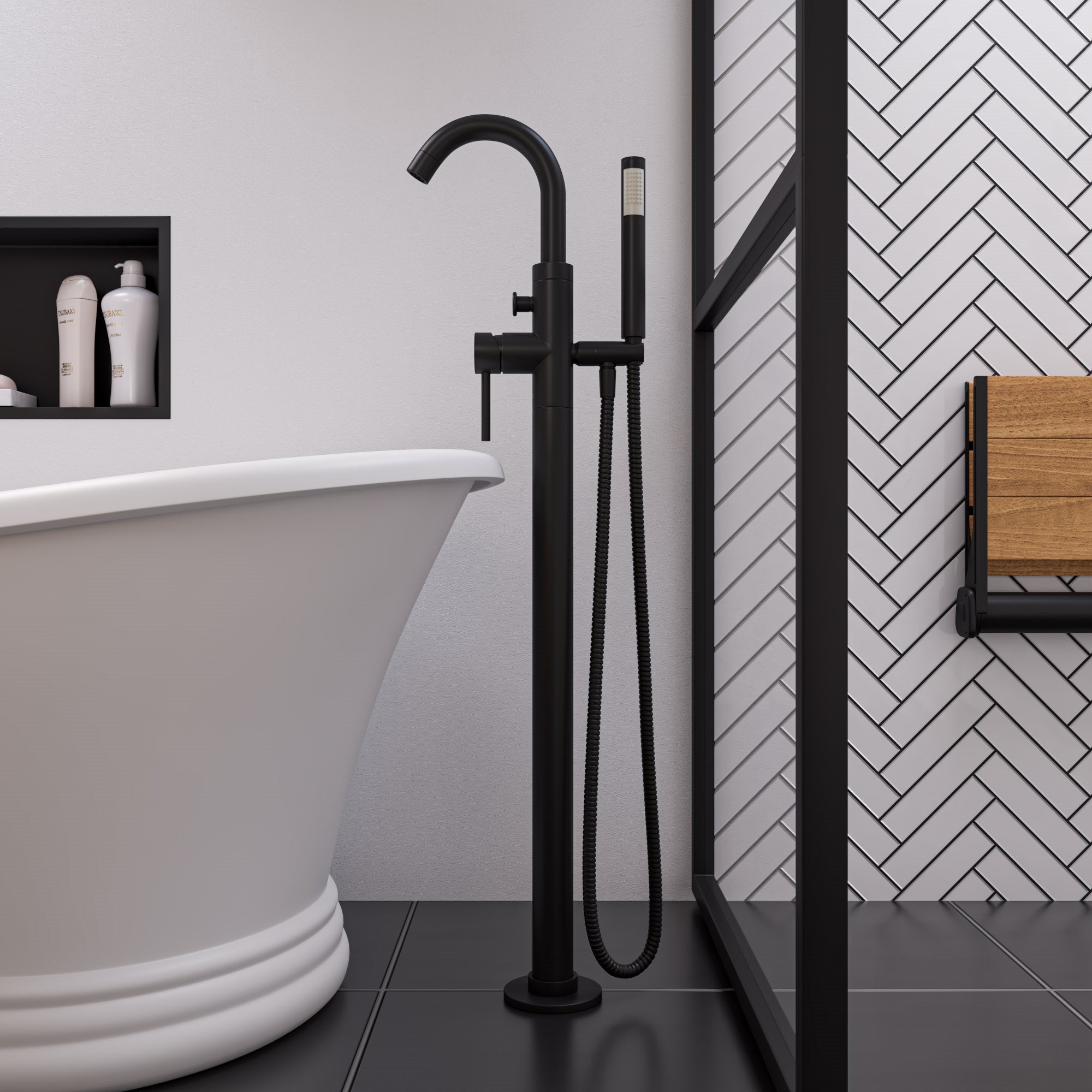 ALFI AB2534-BM Black Matte Single Lever Floor Mounted Tub Filler Mixer w Hand Held Shower Head