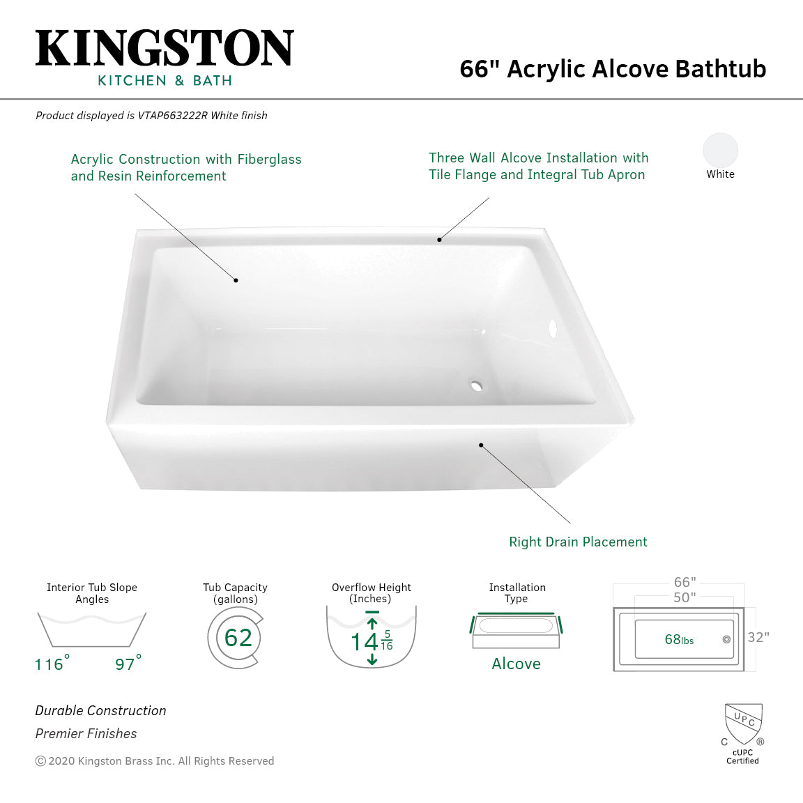 Aqua Eden VTAP663222R 66" Acrylic Rectangular 3-Wall Alcove Tub, Right Hand Drain, Glossy White