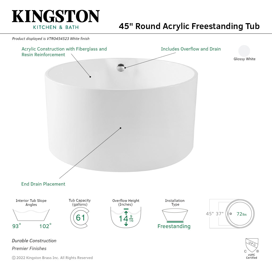 Kingston Brass VTRO454523 45" Acrylic Round Double Ended Freestanding Tub with Drain, Glossy White