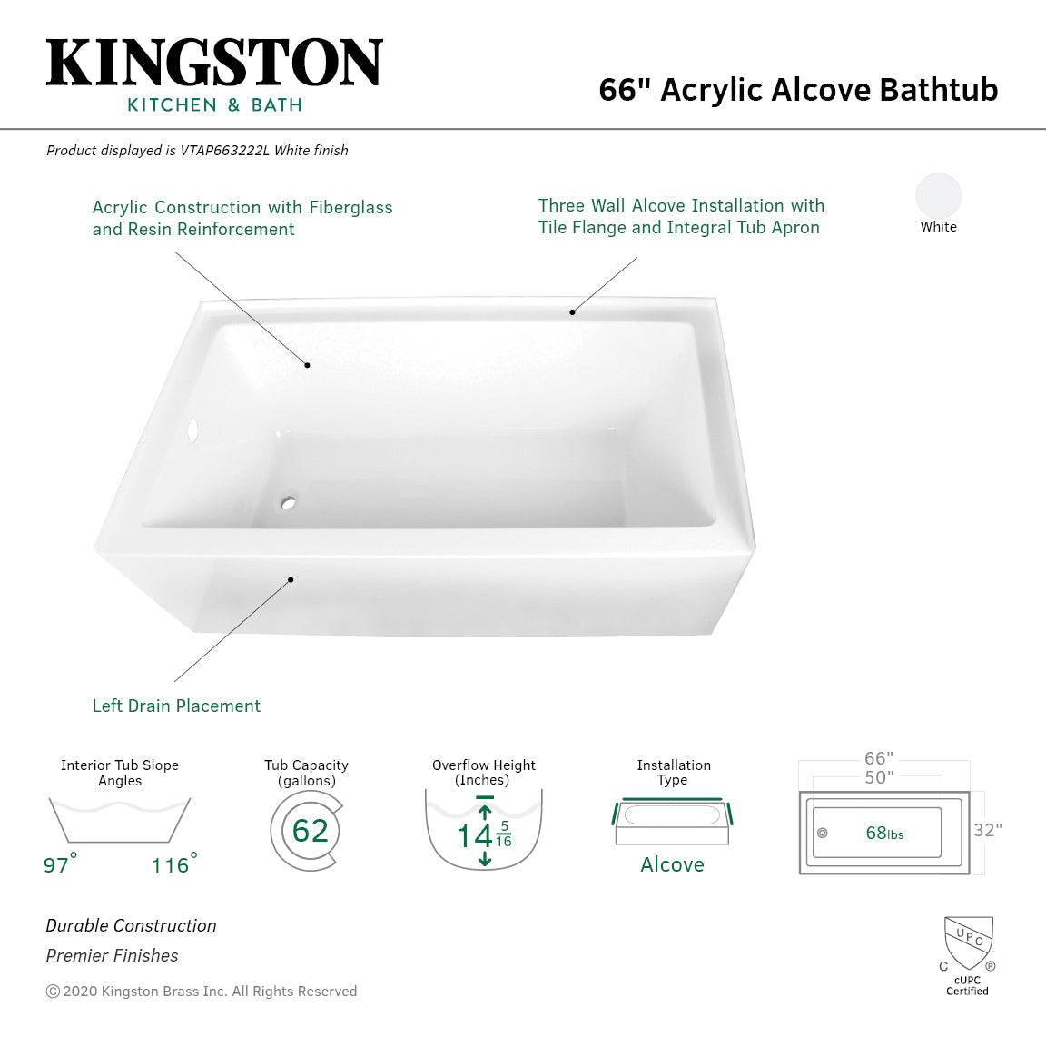 Aqua Eden VTAP663222L 66" Acrylic Rectangular 3-Wall Alcove Tub, Left Hand Drain, Glossy White