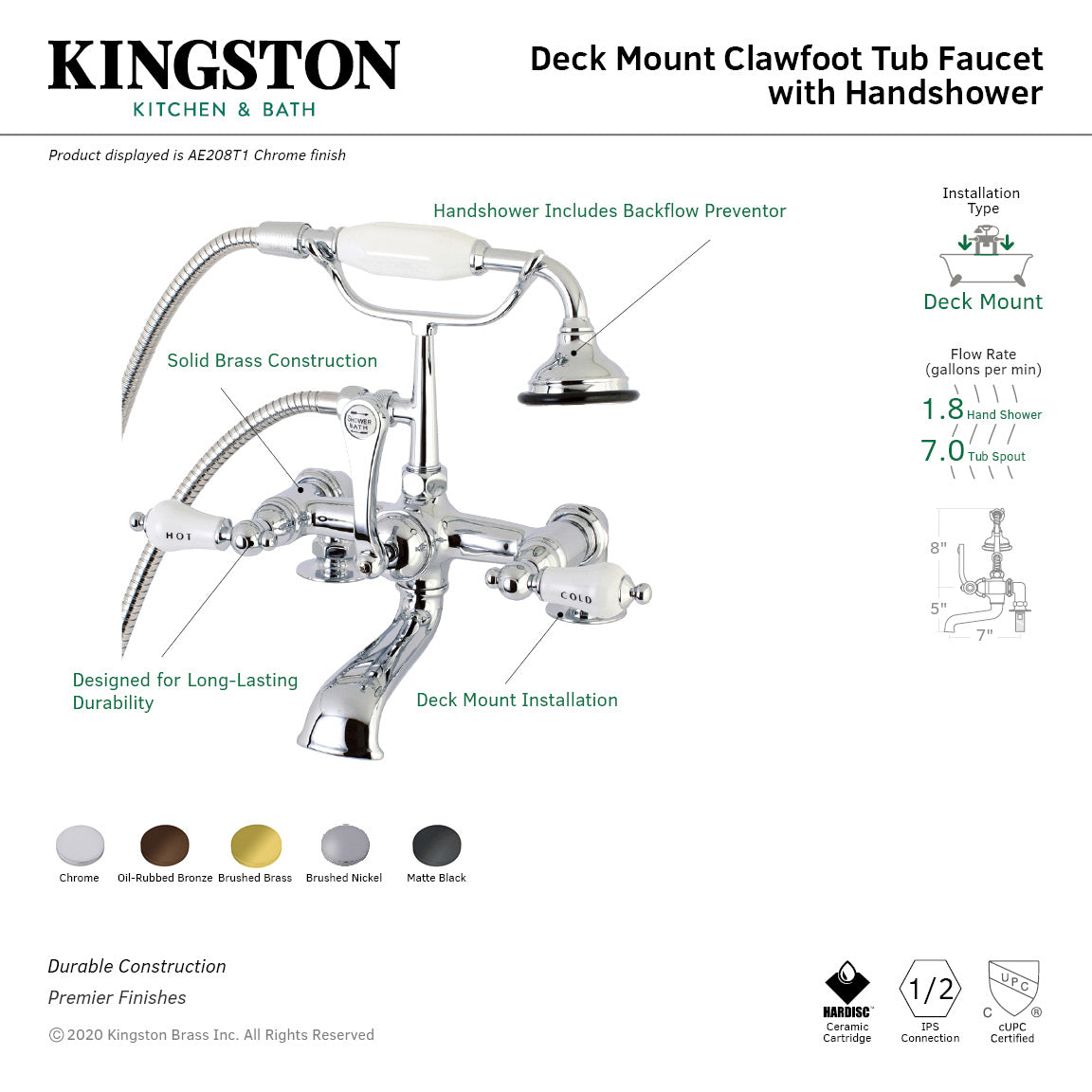 Aqua Vintage AE207T0 Aqua Vintage 7" Center Deck-Mount Clawfoot Tub Faucet with Hand Shower, Matte Black