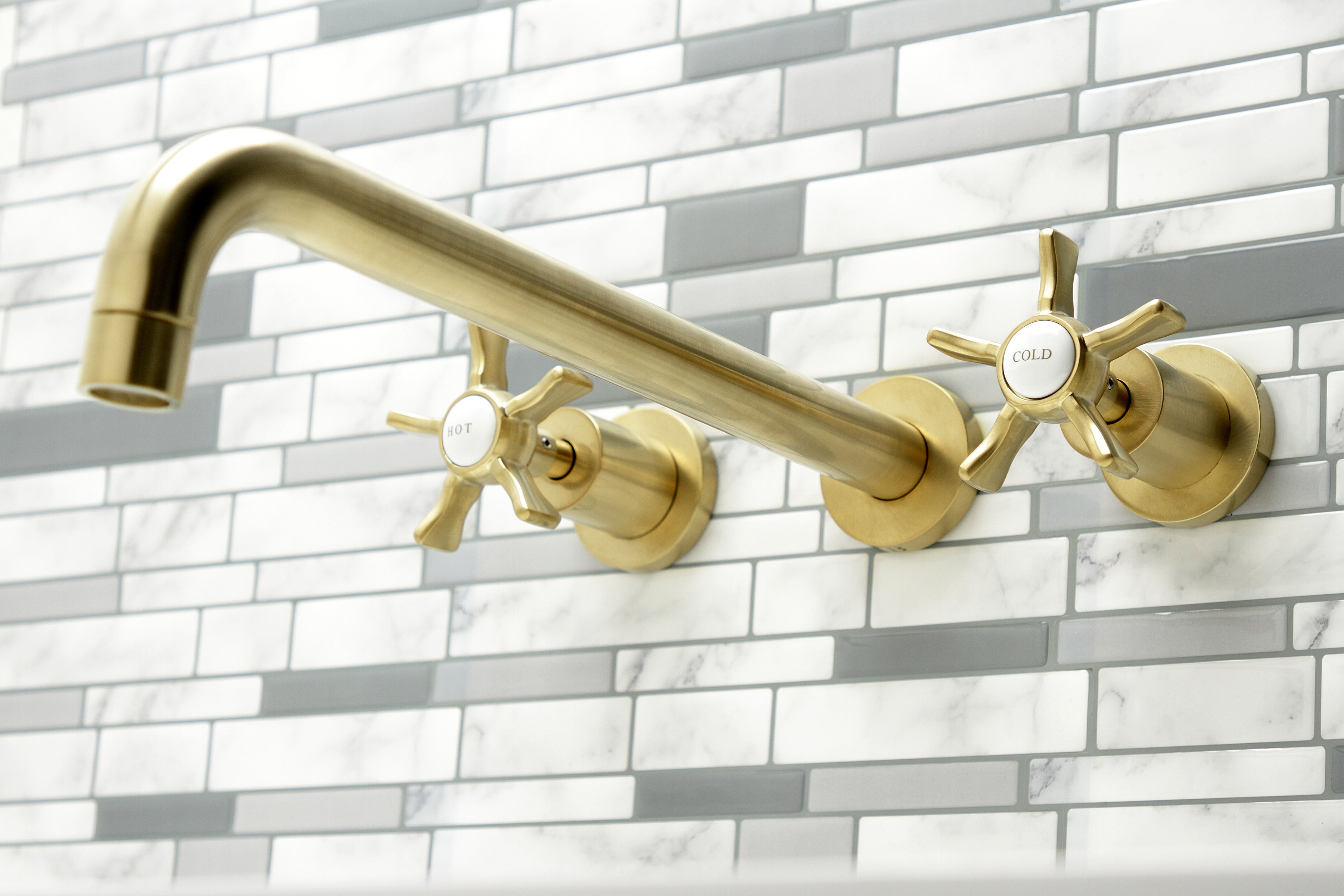 Kingston Brass KS8047NX Hamilton Two-Handle Wall Mount Roman Tub Faucet, Brushed Brass