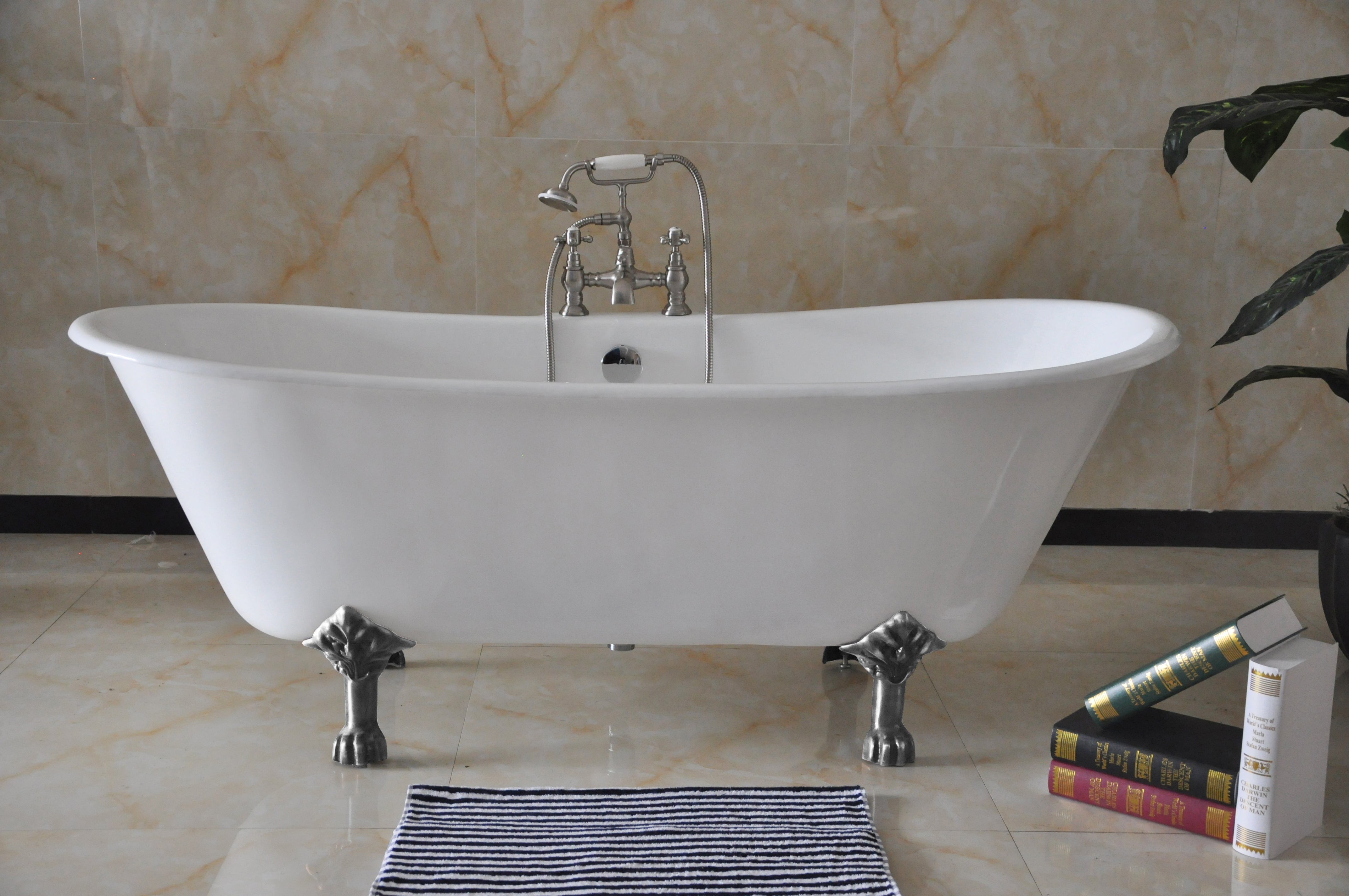 Aqua Eden VCT7D6728NH1 67" Cast Iron Oval Double Slipper Clawfoot Tub (7" Faucet Drillings), White/Polished Chrome