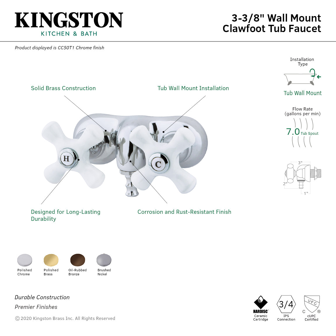 Kingston Brass CC50T1 Vintage 3-3/8-Inch Wall Mount Tub Faucet, Polished Chrome