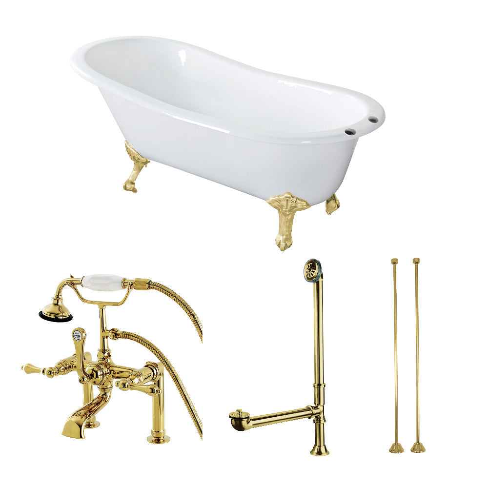 Aqua Eden KCT7D653129C2 62" Cast Iron Oval Single Slipper Clawfoot Tub with Faucet Drain and Supply Lines Combo, White/Polished Brass
