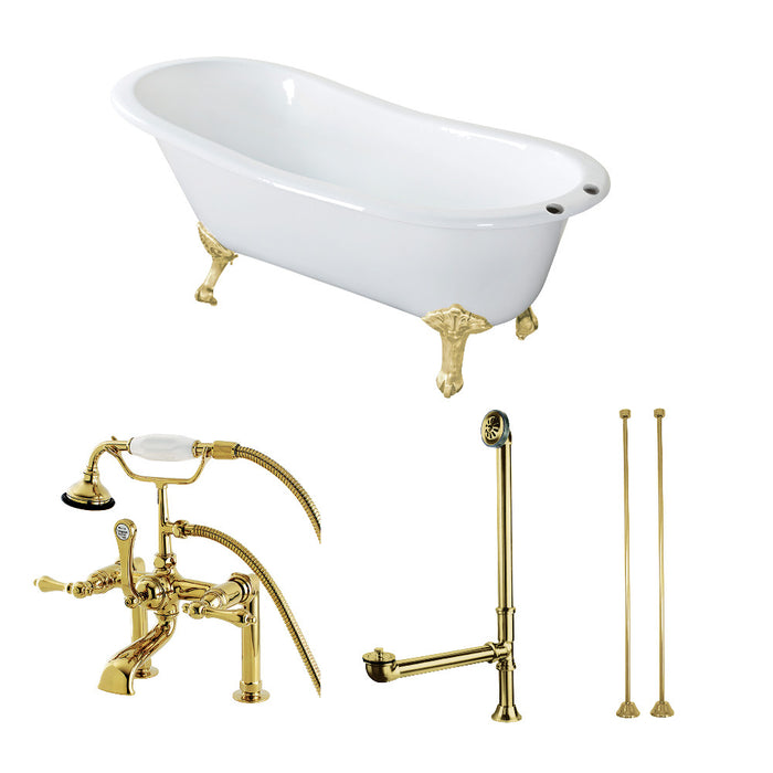 Aqua Eden KCT7D653129C2 62" Cast Iron Oval Single Slipper Clawfoot Tub with Faucet Drain and Supply Lines Combo, White/Polished Brass