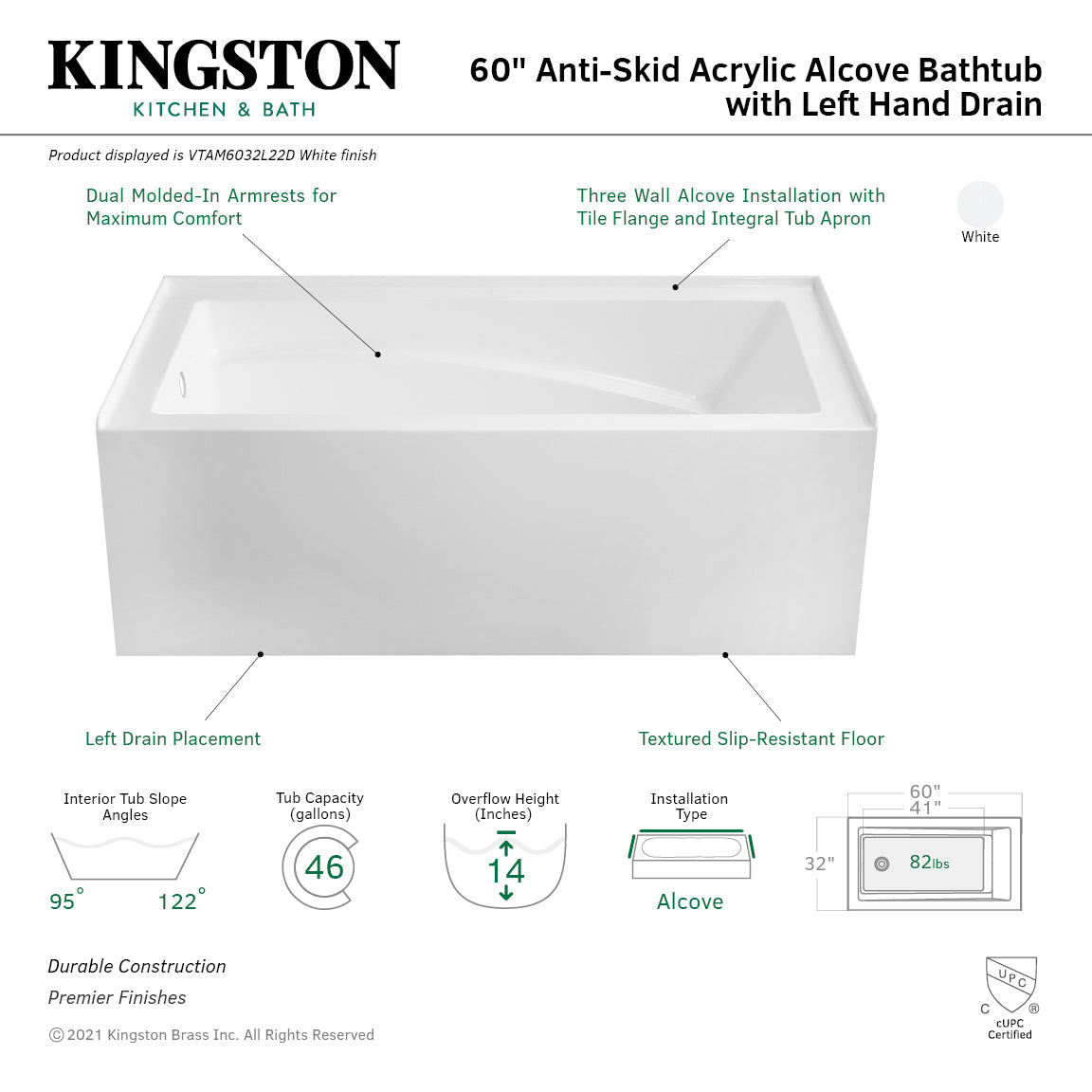 Aqua Eden VTAM6032L22D 60" Acrylic Rectangular 3-Wall Alcove Tub with Armrest and Anti-Skid Surface, Left Hand Drain, Glossy White