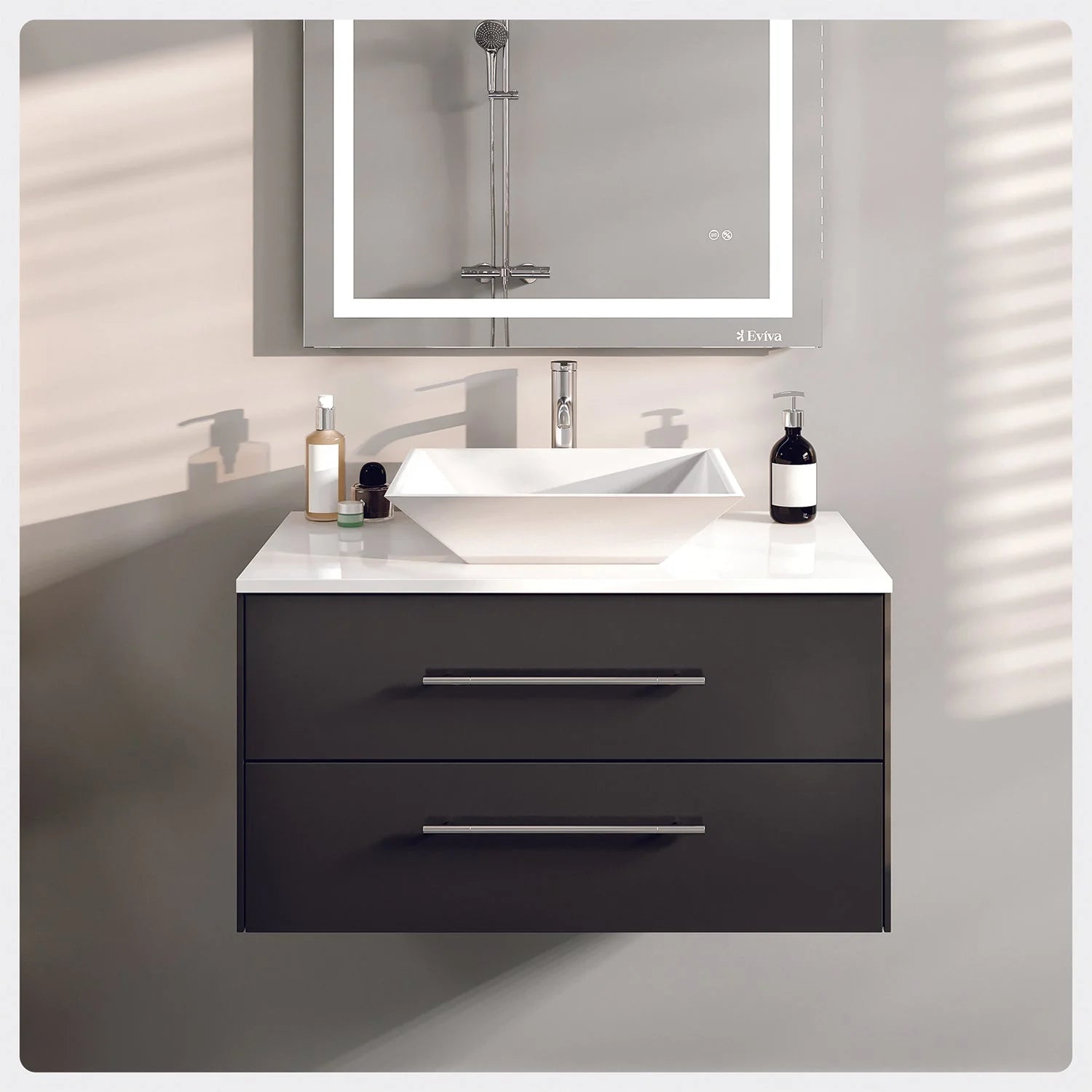 Eviva Totti Wave Modern Bathroom Vanity w/ Super White Man-Made Stone Top & Sink - Bathroom Design Center