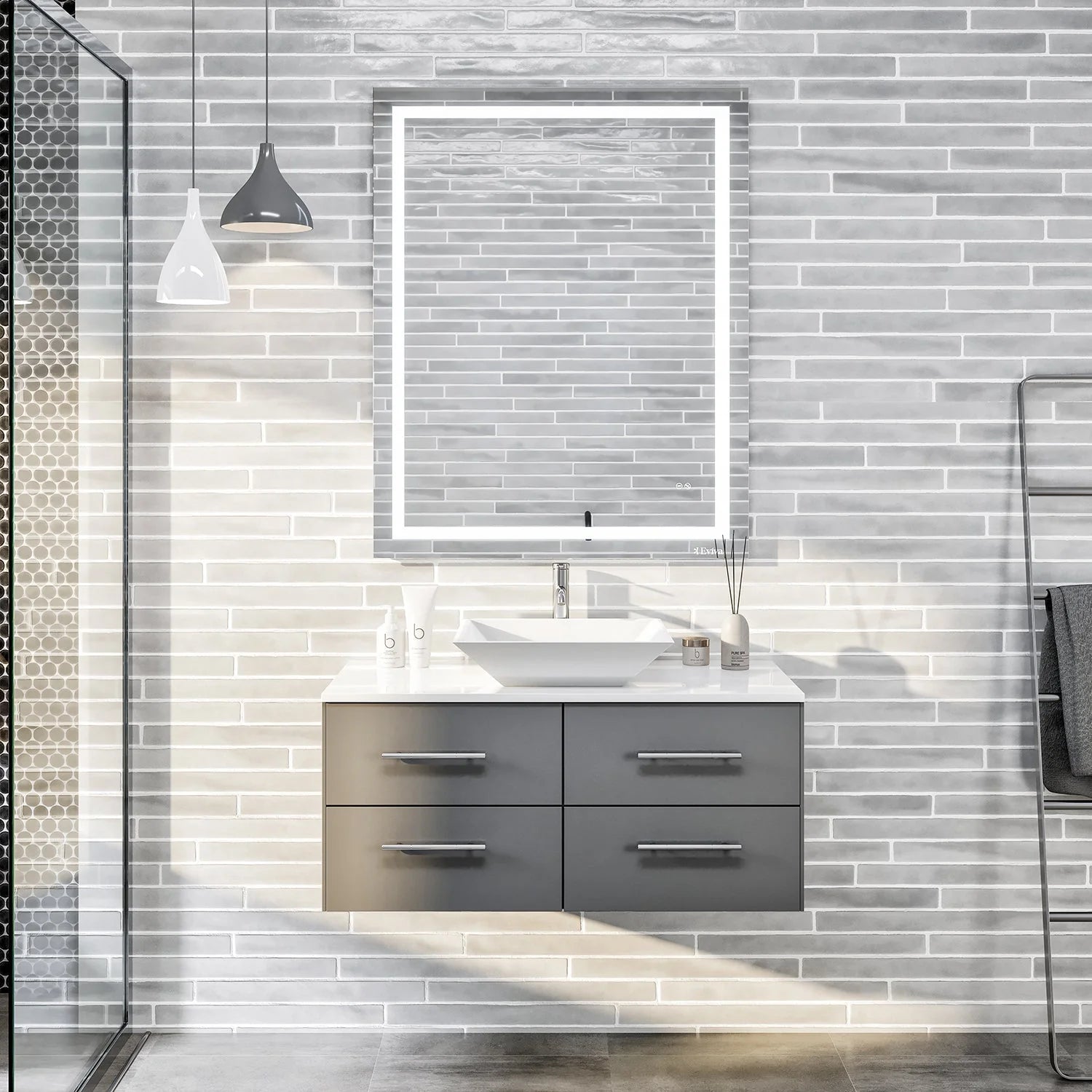 Eviva Totti Wave Modern Bathroom Vanity w/ Super White Man-Made Stone Top & Sink - Bathroom Design Center