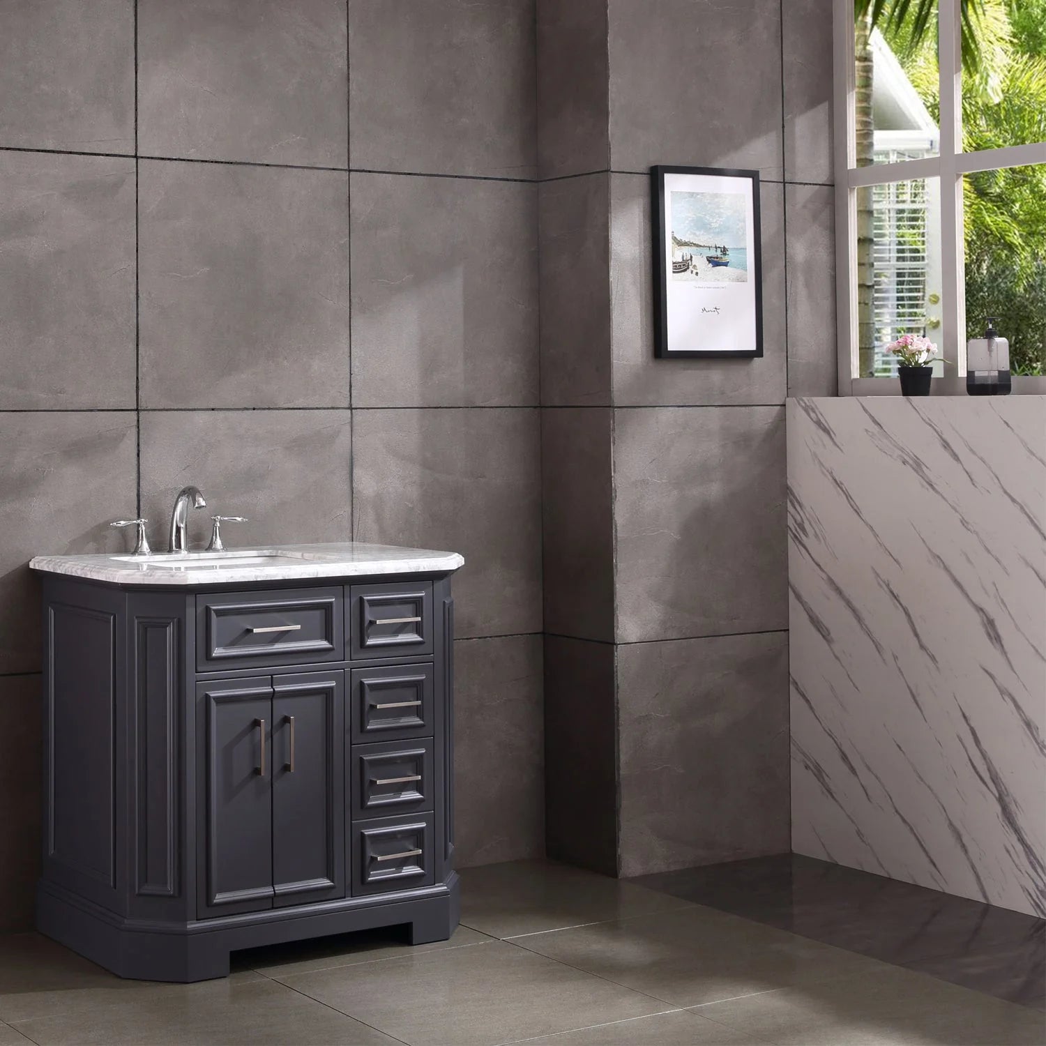 Eviva Glory Bathroom Vanity with Carrara Marble Countertop and Porcelain Sink - Bathroom Design Center