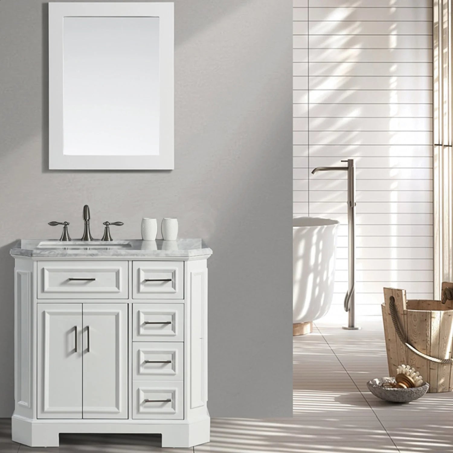 Eviva Glory Bathroom Vanity with Carrara Marble Countertop and Porcelain Sink - Bathroom Design Center