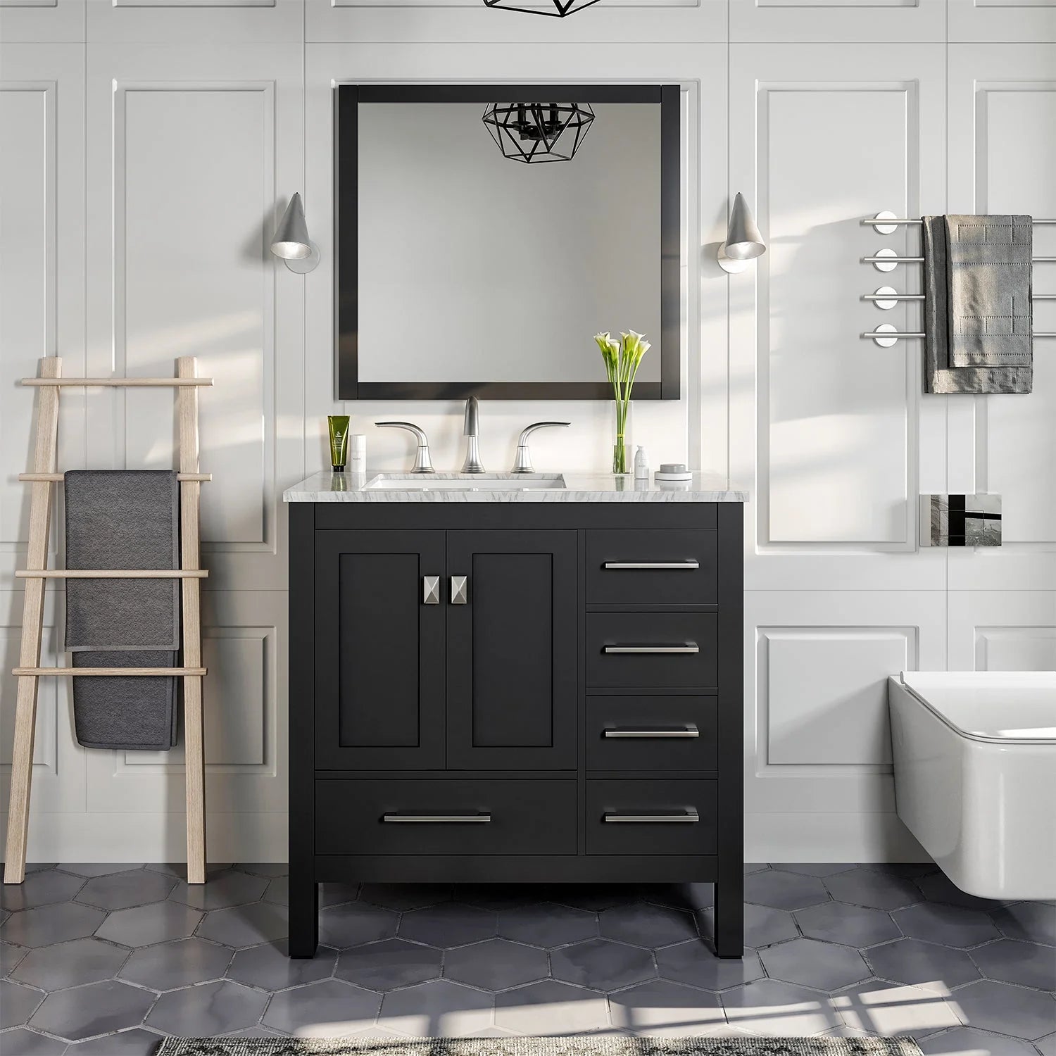 Eviva Aberdeen Transitional Bathroom Vanity w/ White Carrara Top - Bathroom Design Center