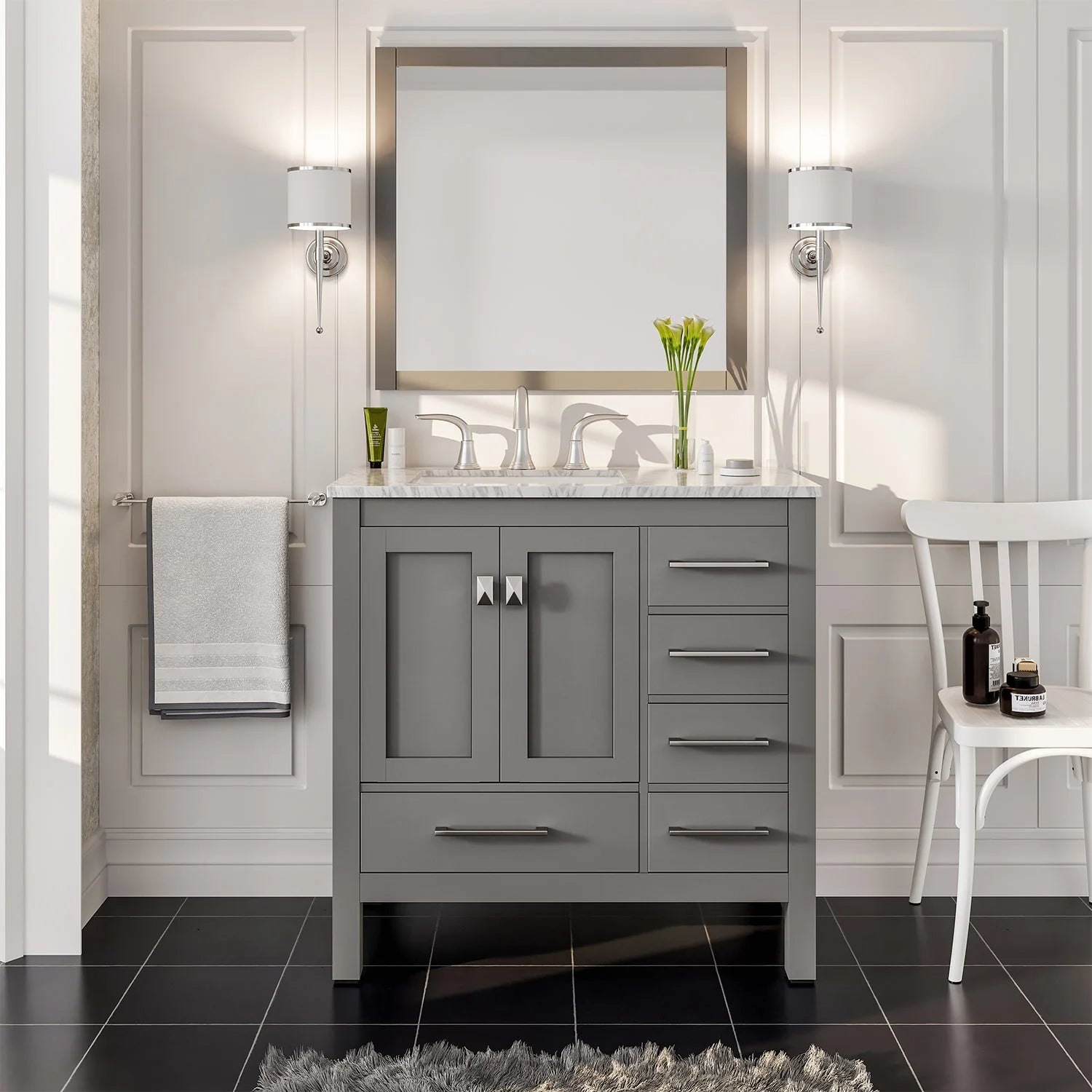 Eviva Aberdeen Transitional Bathroom Vanity w/ White Carrara Top - Bathroom Design Center