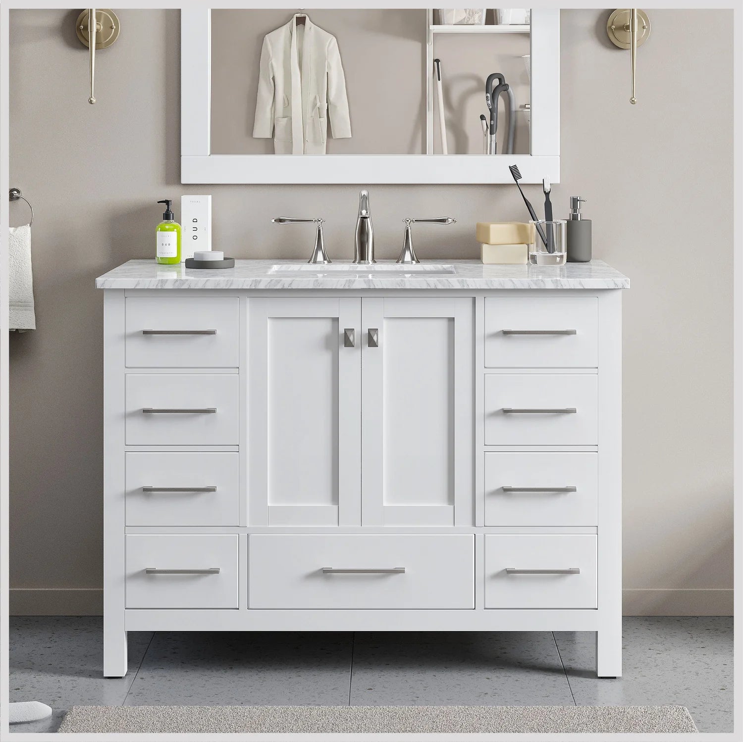 Eviva Aberdeen Transitional Bathroom Vanity w/ White Carrara Top - Bathroom Design Center