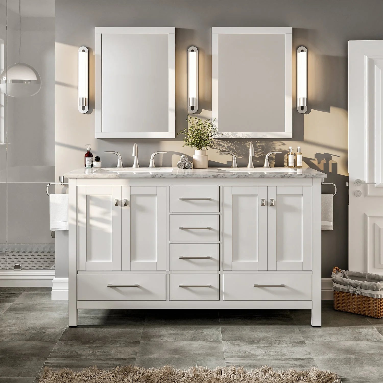 Eviva Aberdeen Transitional Bathroom Vanity w/ White Carrara Top - Bathroom Design Center