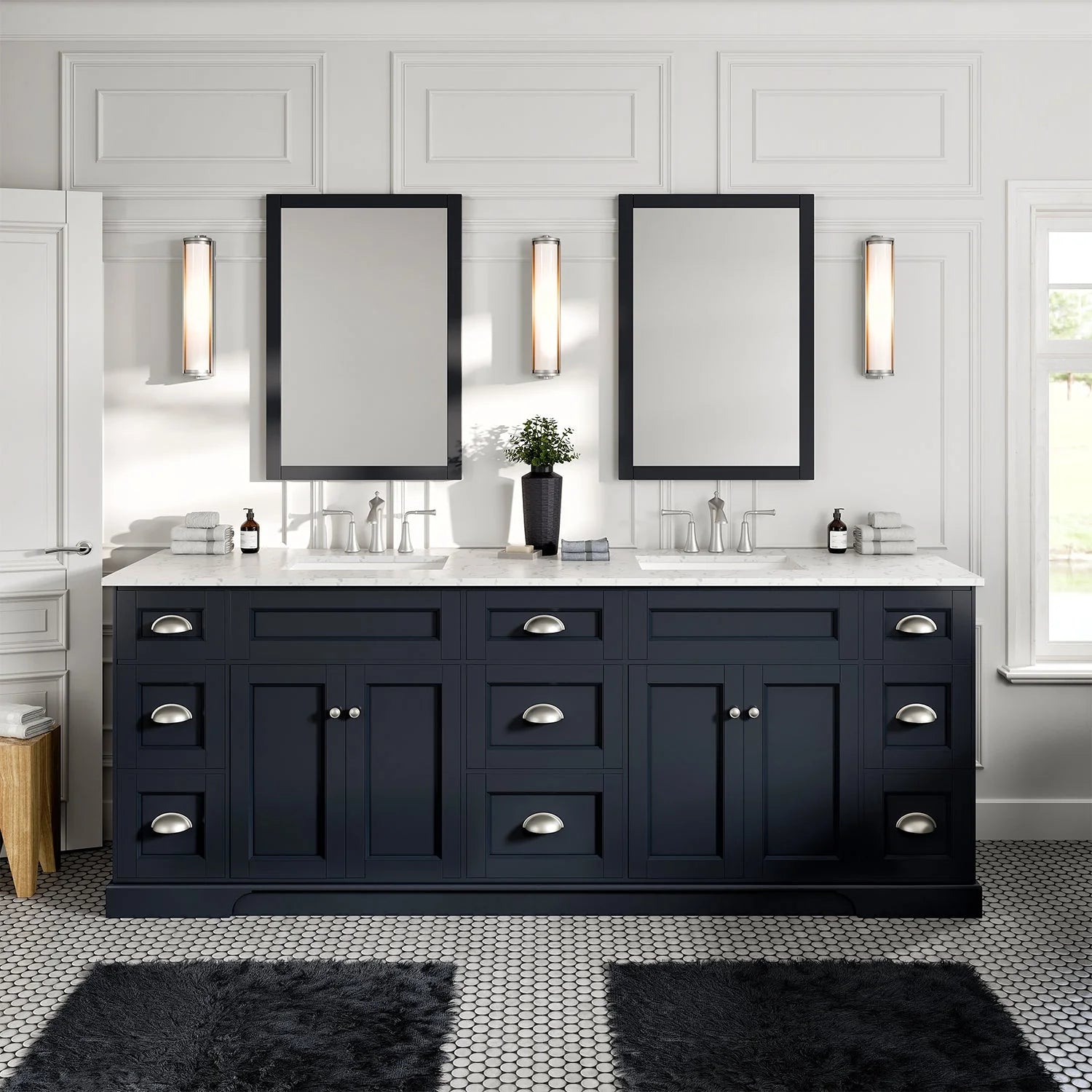 Eviva Epic Double Vanity with White Quartz Top and Gold Hardware - 84" and 96" - Bathroom Design Center