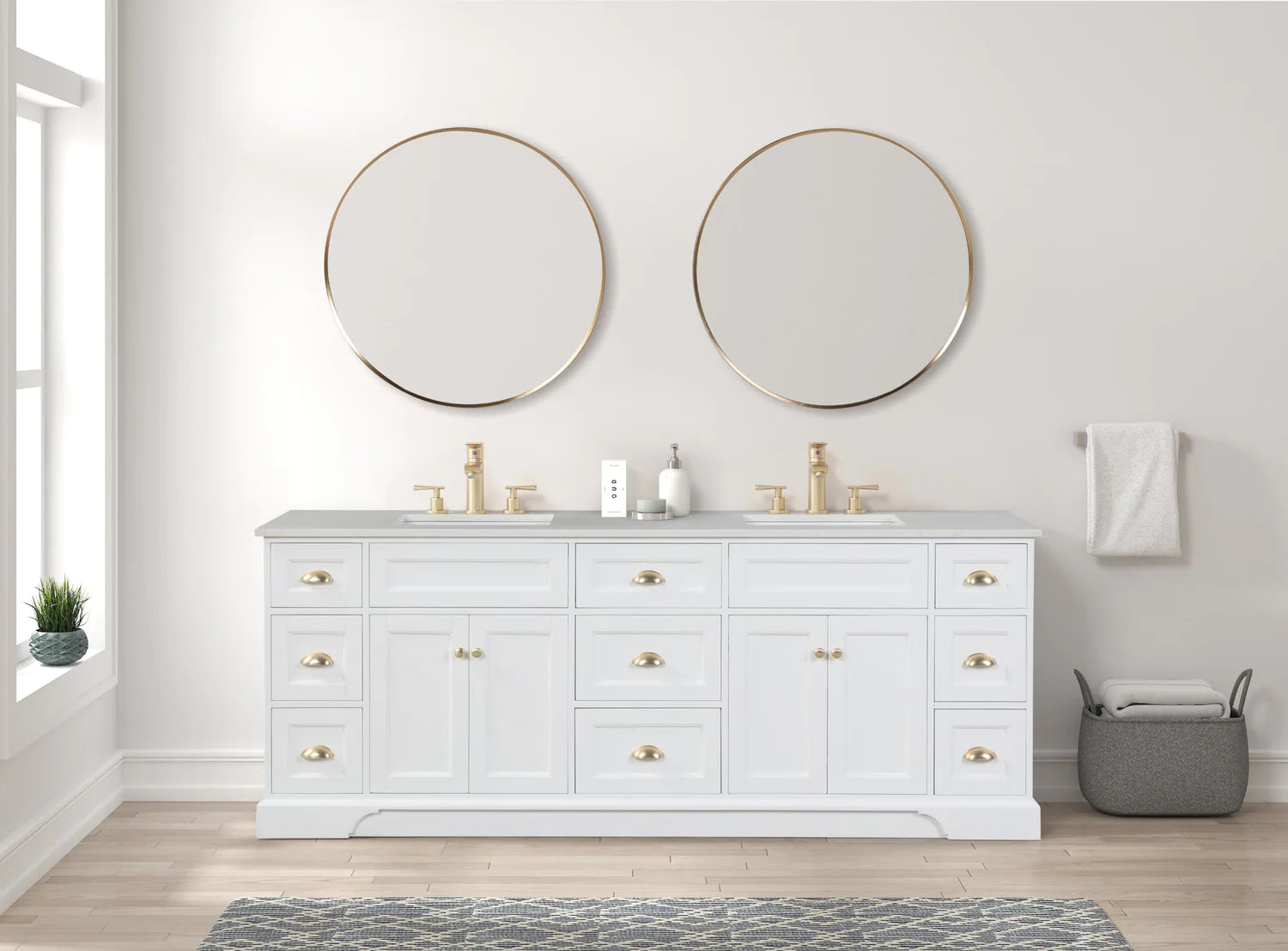 Eviva Epic Double Vanity with White Quartz Top and Gold Hardware - 84" and 96" - Bathroom Design Center