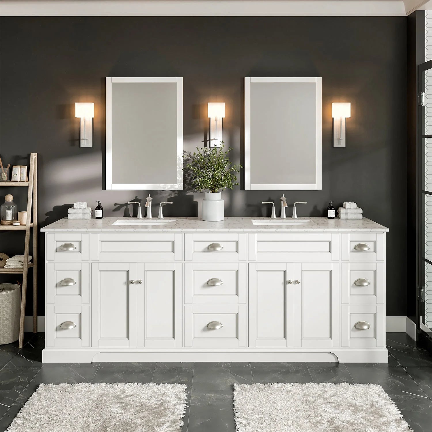 Eviva Epic Double Vanity with White Quartz Top and Gold Hardware - 84" and 96" - Bathroom Design Center