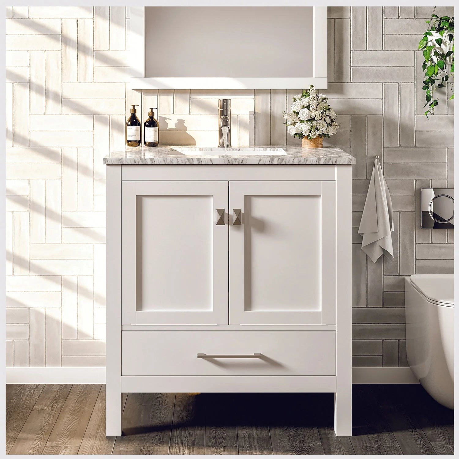 Eviva London Transitional Bathroom Vanity w/ White Carrara Top - Bathroom Design Center